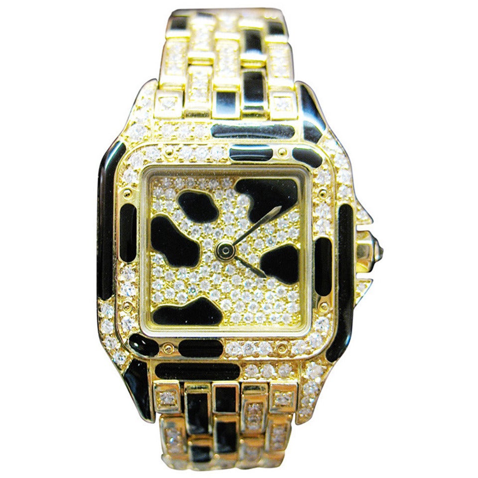 Cartier Lady
s Yellow Gold Diamond Black Enamel Panther Quartz Wristwatch