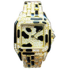 Cartier Lady's Yellow Gold Diamond Black Enamel Panther Quartz Wristwatch