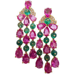 Bulgari Pink Sapphire Emerald Diamond Pendant Earrings