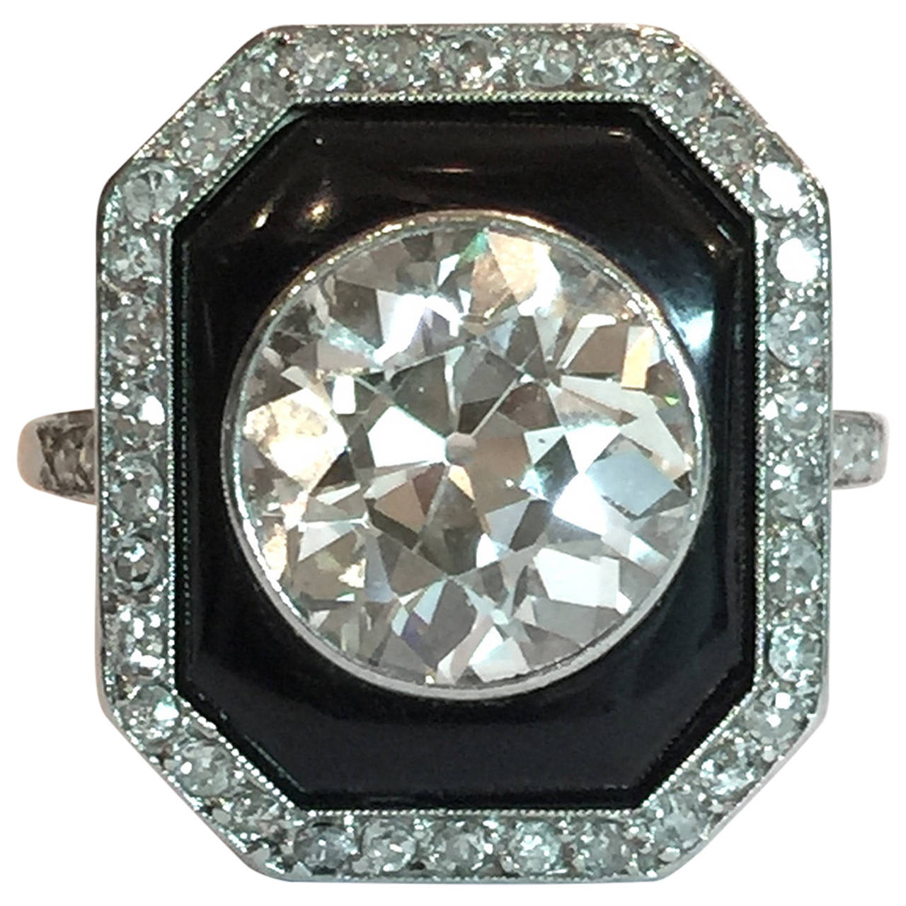 Art Deco 4 Carat Round Diamond Onyx Platinum Ring