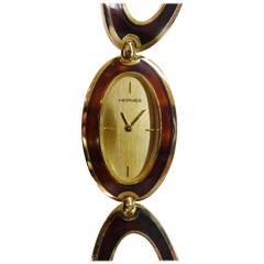 Hermes Lady's Yellow Gold and Tortoise Shell Oval Wristwatch circa 1970s