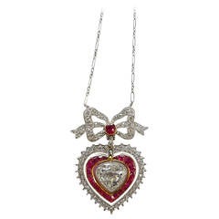 Edwardian Heart Diamond Ruby Pendant Necklace