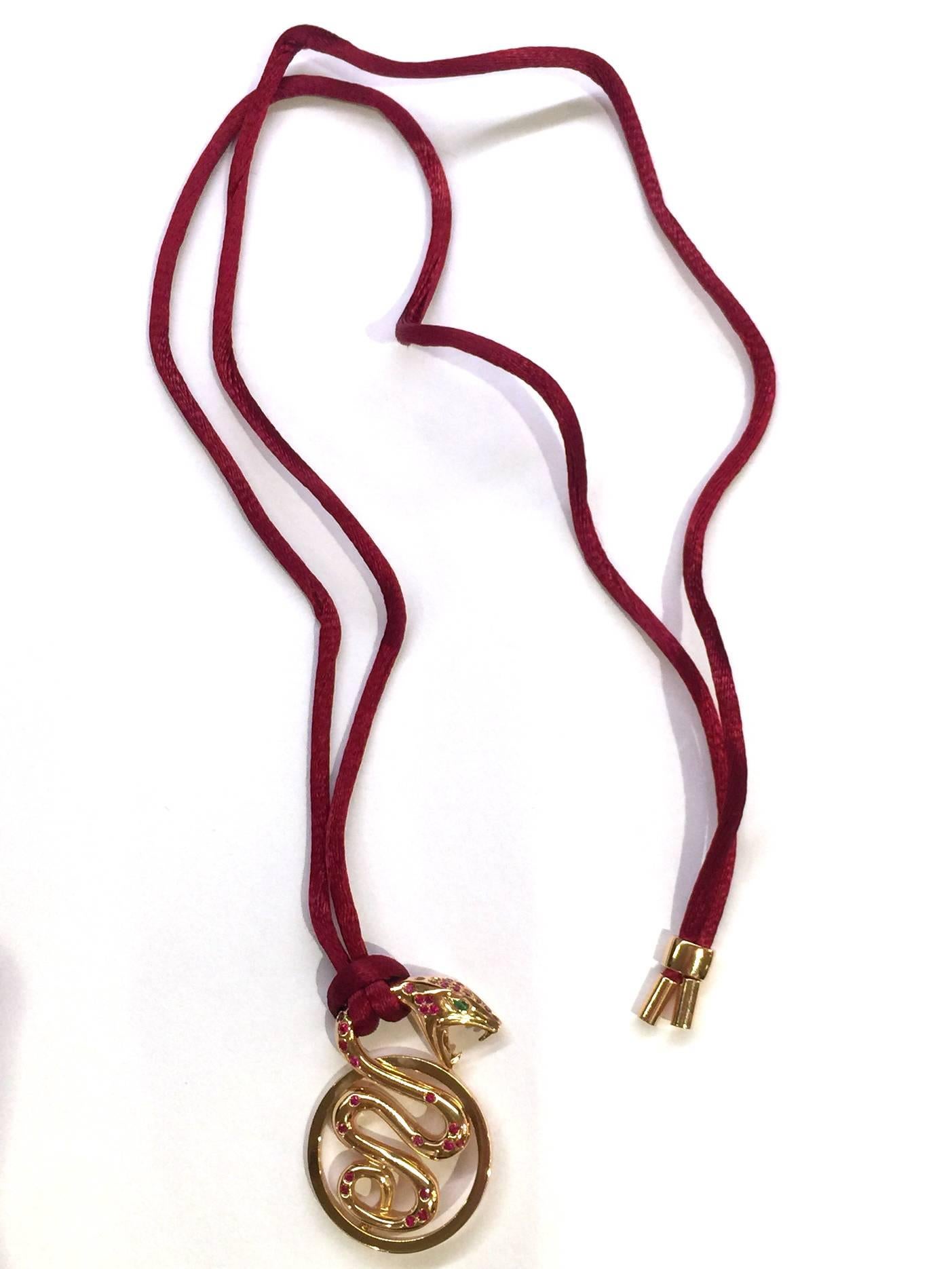 Contemporary Boucheron ruby emerald gold snake pendant
