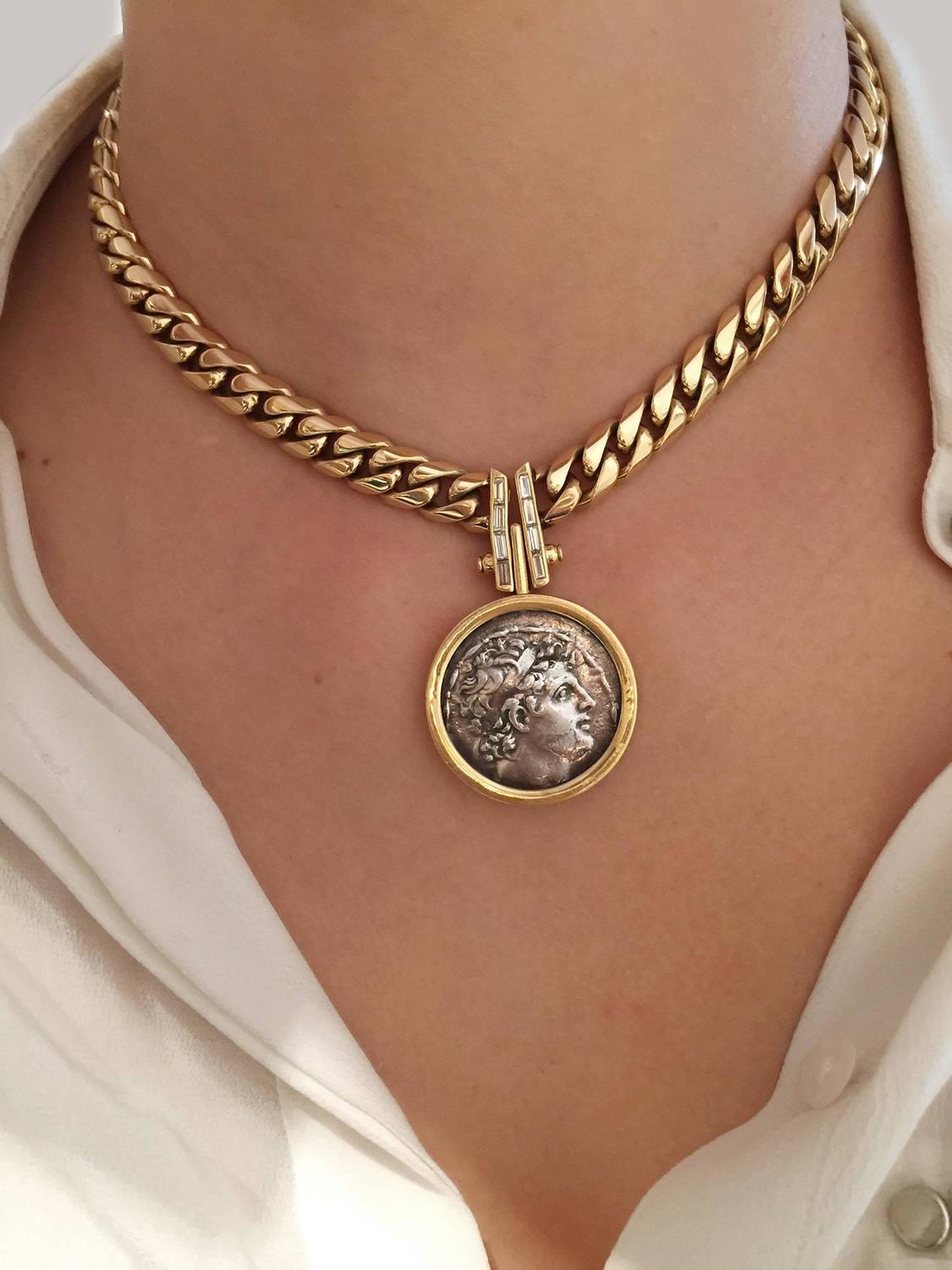 Bulgari Diamond Gold Roman Coin Necklace at 1stdibs