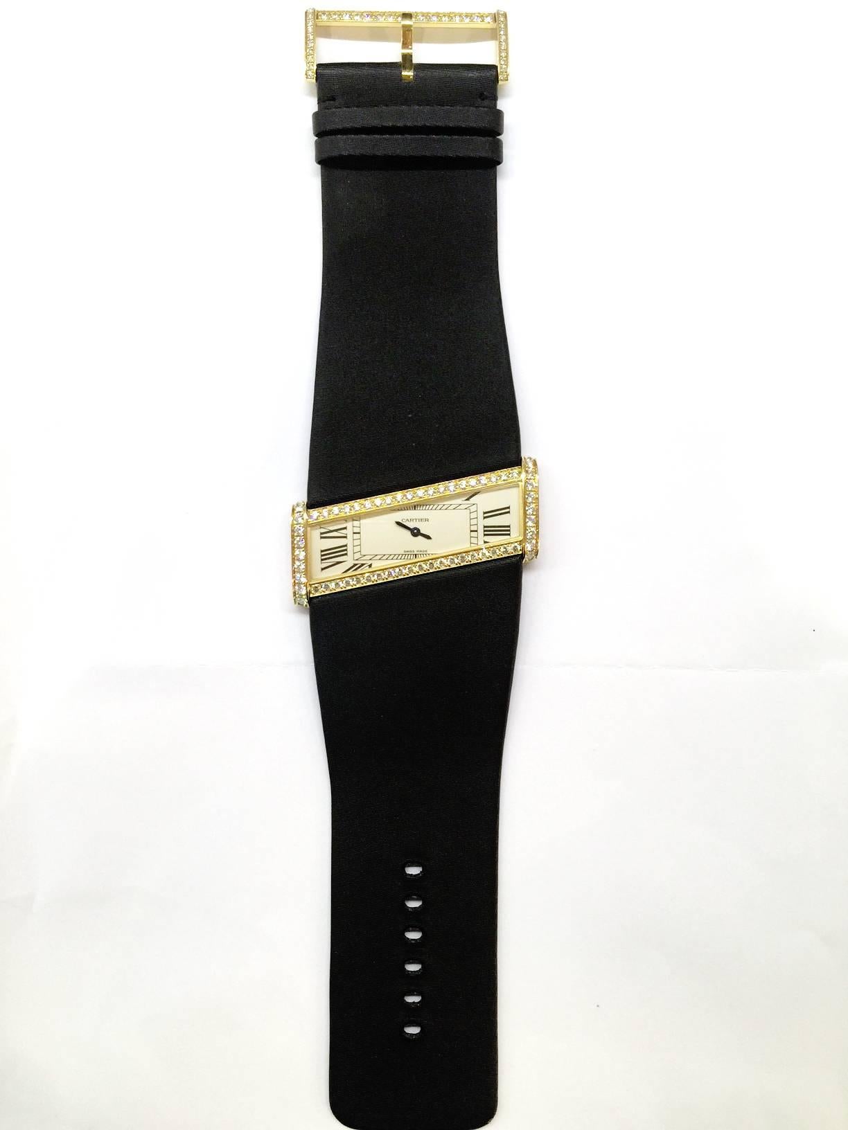 Contemporary Cartier Yellow Gold Diamond Diagonal Quartz Wristwatch
