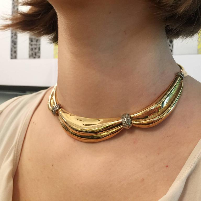 1950s Gold Drapery necklace with intercalary set with diamonds at 1stDibs