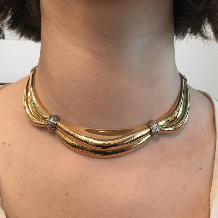 1950s Gold Drapery necklace with intercalary set with diamonds at 1stDibs