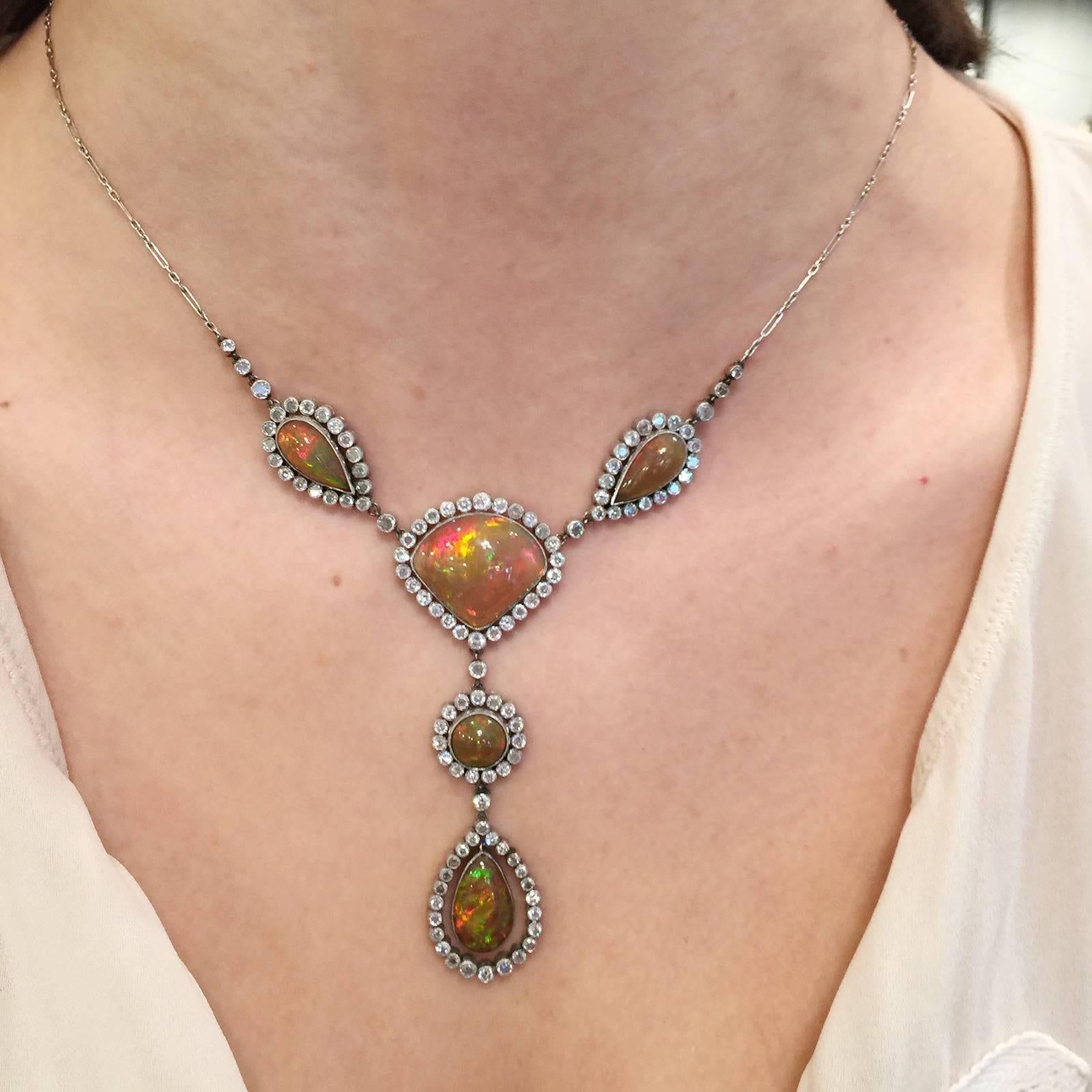 Edwardian Opal Circular-Cut Diamond Platinum Necklace