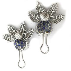 Baguette Diamond Sapphire Gold Palm Tree Leaves Earrings