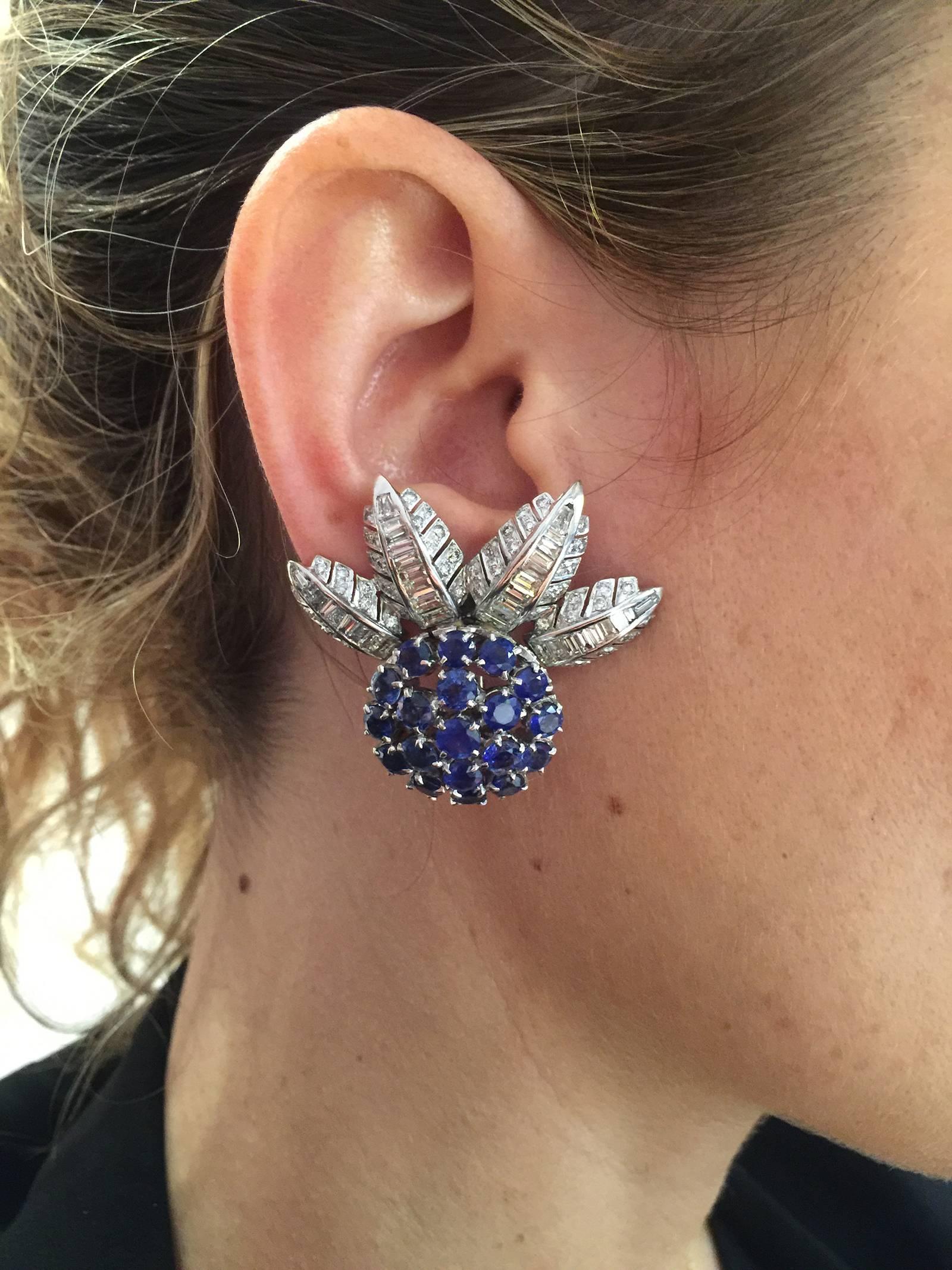 Women's Baguette Diamond Sapphire Gold Palm Tree Leaves Earrings For Sale