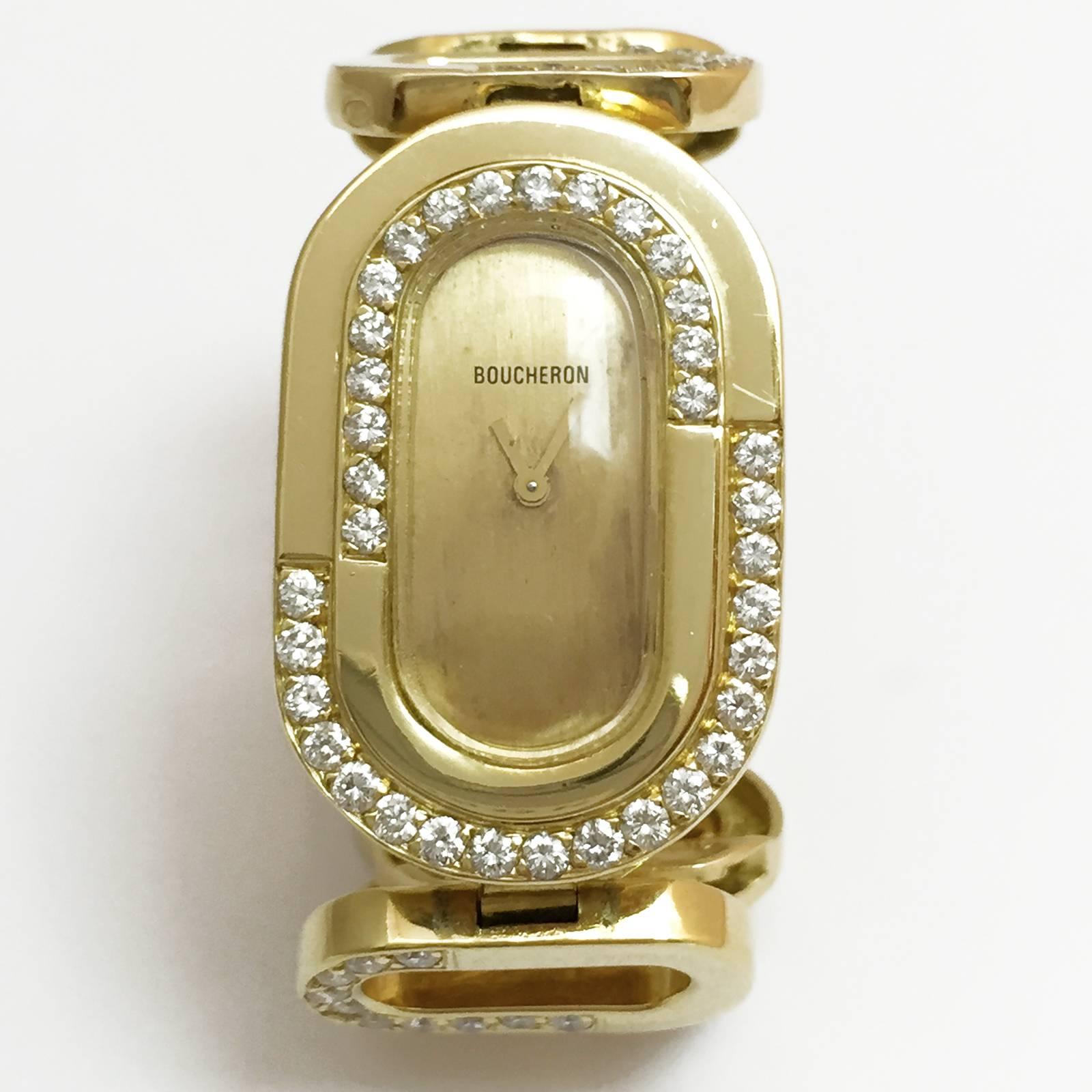 A Boucheron lady's 18kt yellow gold bracelet watch, circa 1970s, set with approximately 3 carats of brilliant cut diamonds. 
Manual-winding movement. 
Overall length of bracelet : 160 mm
Graved back face : 11-6-1975