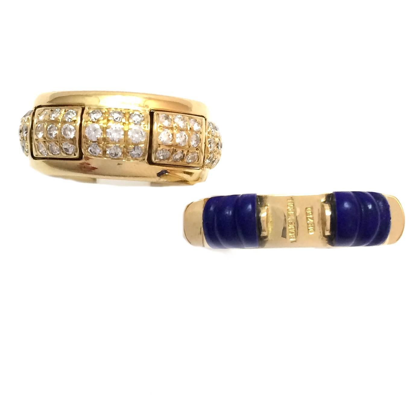 A yellow gold 750/000 Boucheron string ring set with diamonds interchangeable with a lapis lazuli set ring. 
Finger size: 50. May be sized 2 or 3 sizes
Width: 9 mm. 
Net weight: 22,7 grams. 
Circa 1990