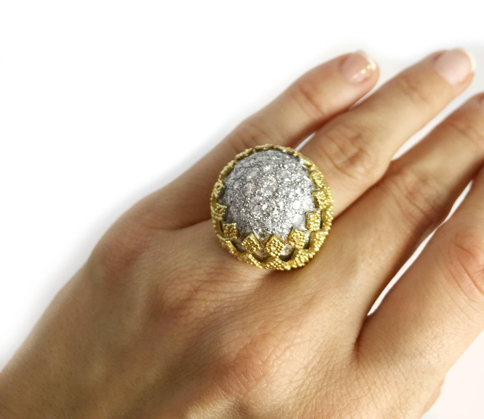 1960s Diamond Gold Platinum Domed Cocktail Ring In Excellent Condition In Paris, IDF