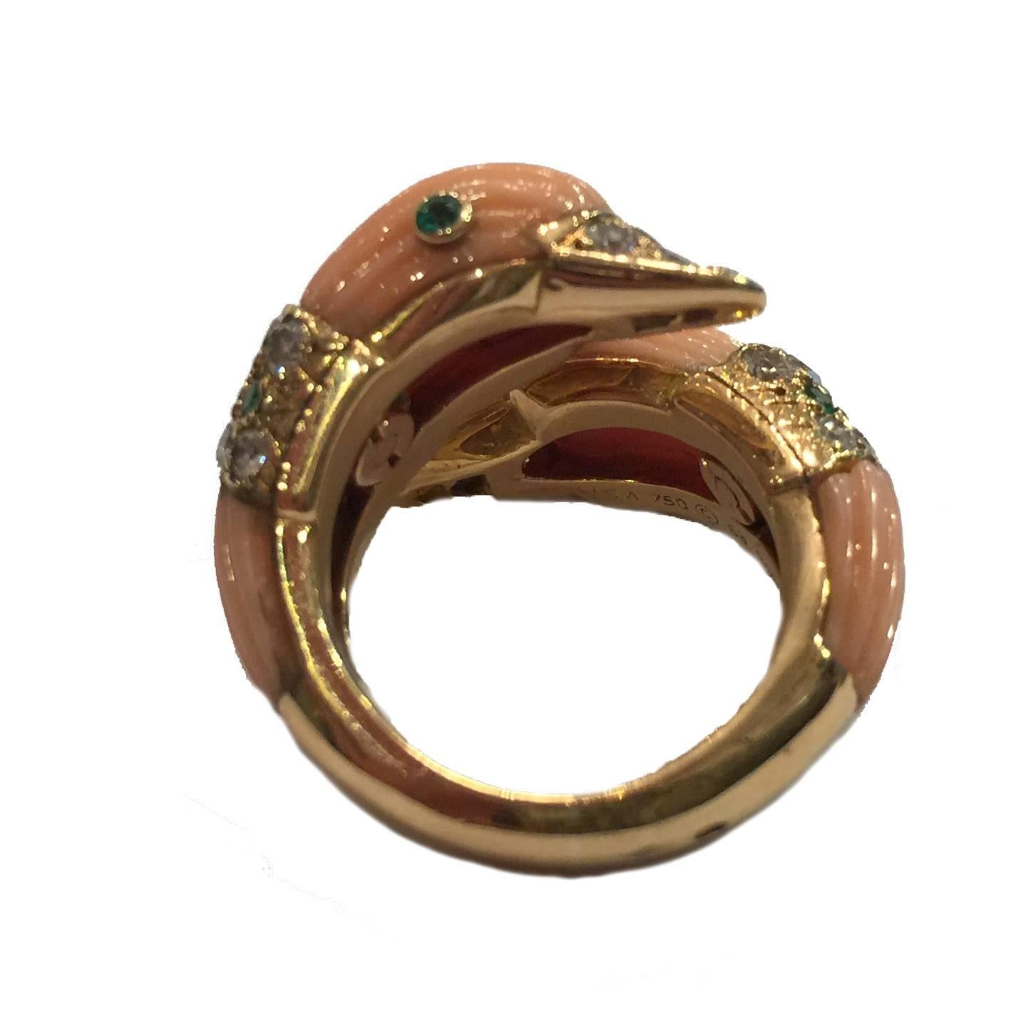 1980s Van Cleef & Arpels Coral Emerald Diamond Gold Ring 1
