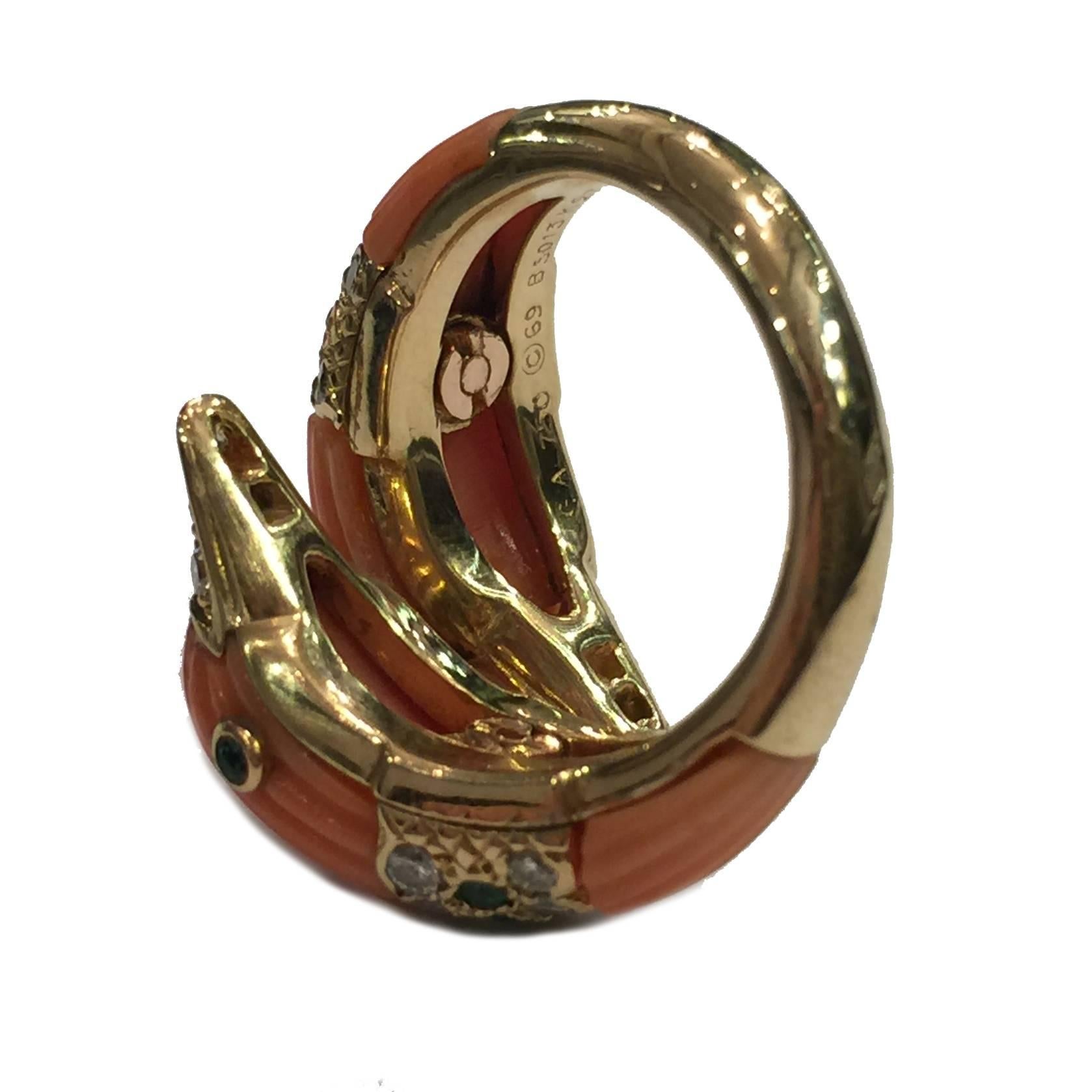 1980s Van Cleef & Arpels Coral Emerald Diamond Gold Ring 2