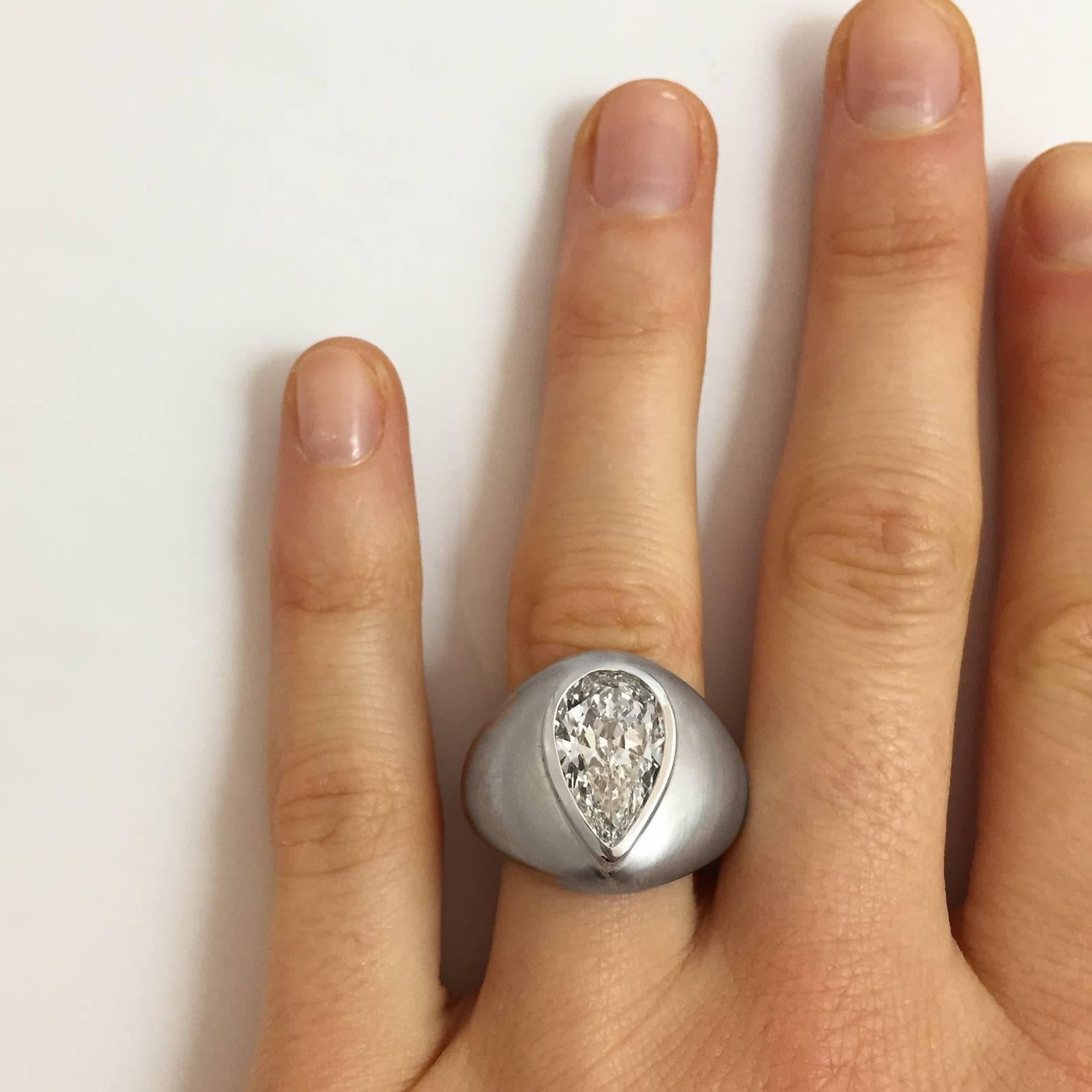 Women's or Men's 3.78 carat pear shaped diamond satin-finish white gold ring