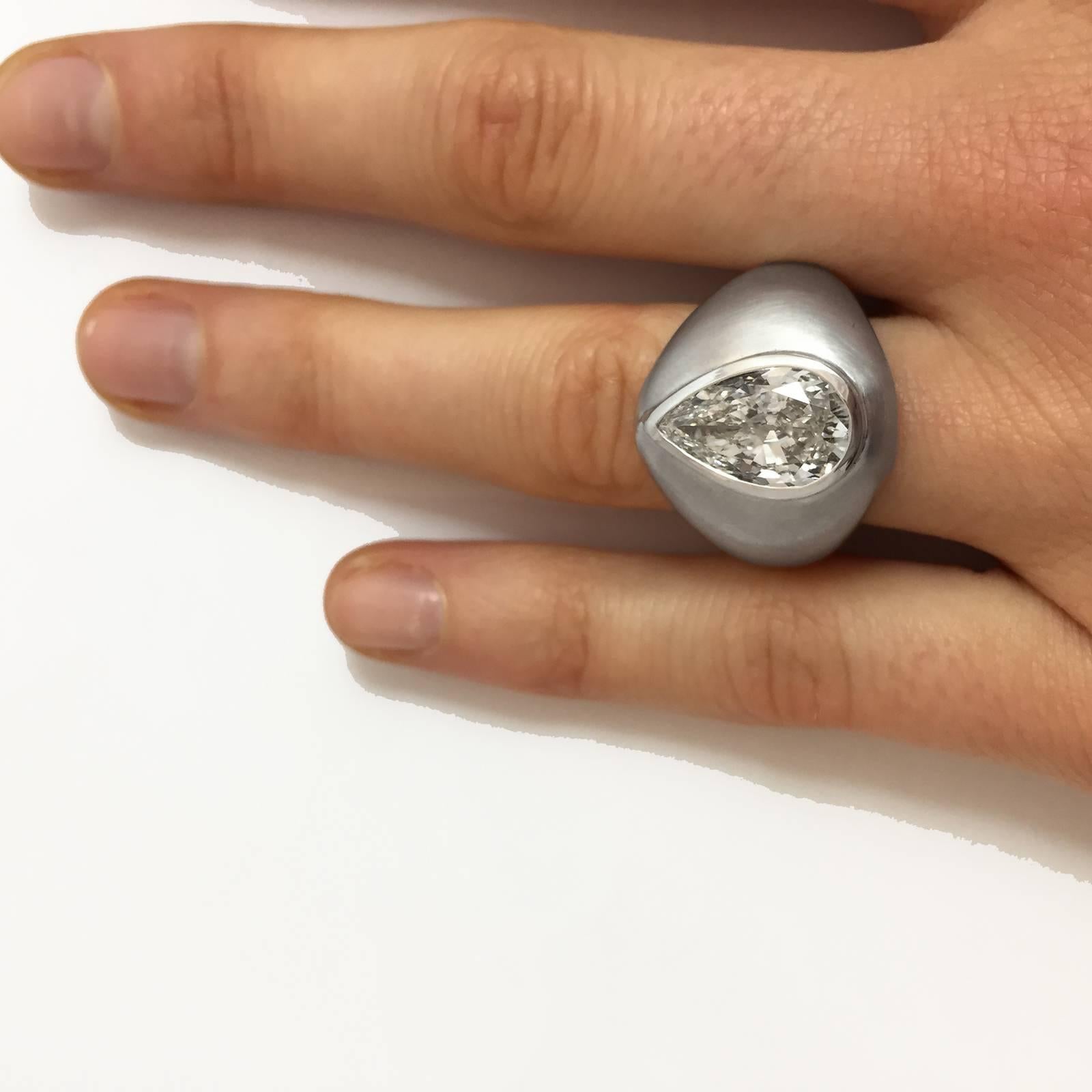 3.78 carat pear shaped diamond satin-finish white gold ring 1