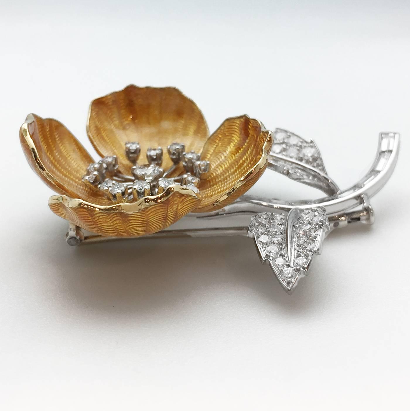 Contemporary Boucheron Diamond Enamel Eglantine Flower Brooch
