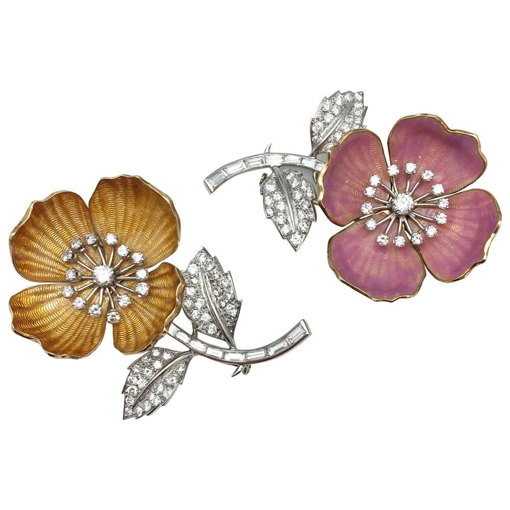 Women's or Men's Boucheron Diamond Enamel Eglantine Flower Brooch