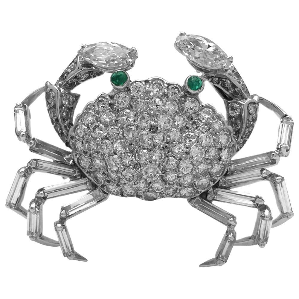 Women's or Men's White Gold Crab Brooch All Set with Diamonds