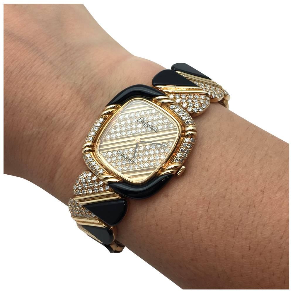 Chaumet Ladies Yellow Gold Diamond Onyx Delaneau Wristwatch In Excellent Condition In Paris, IDF