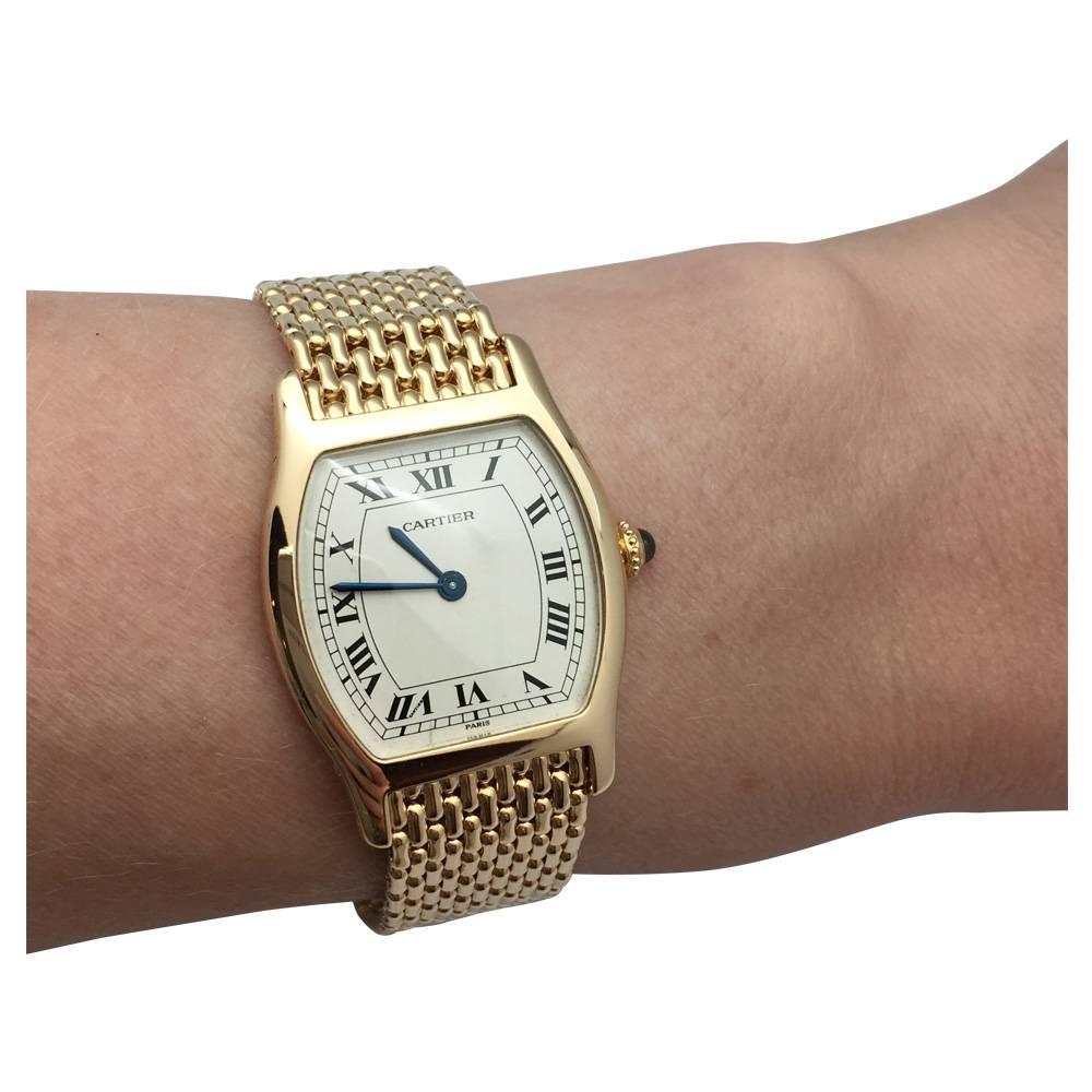 Women's or Men's Cartier Yellow Gold Tortue Cream Colored Dial Manual Wristwatch