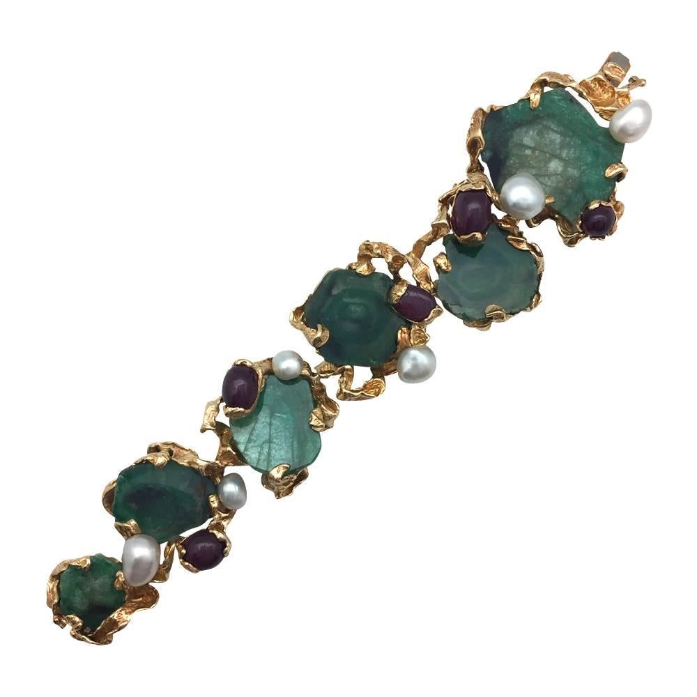 Contemporary Yellow Gold Gilbert Albert Bracelet, Emeralds, Rubies and Pearls