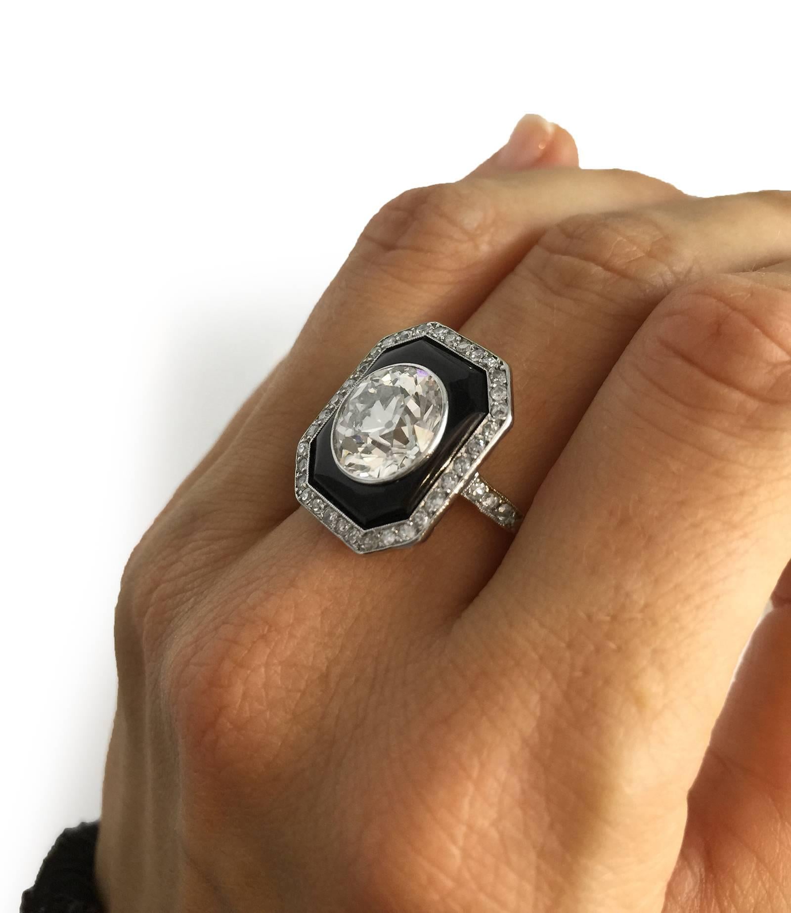 Art Deco 4 Carat Round Diamond Onyx Platinum Ring 1