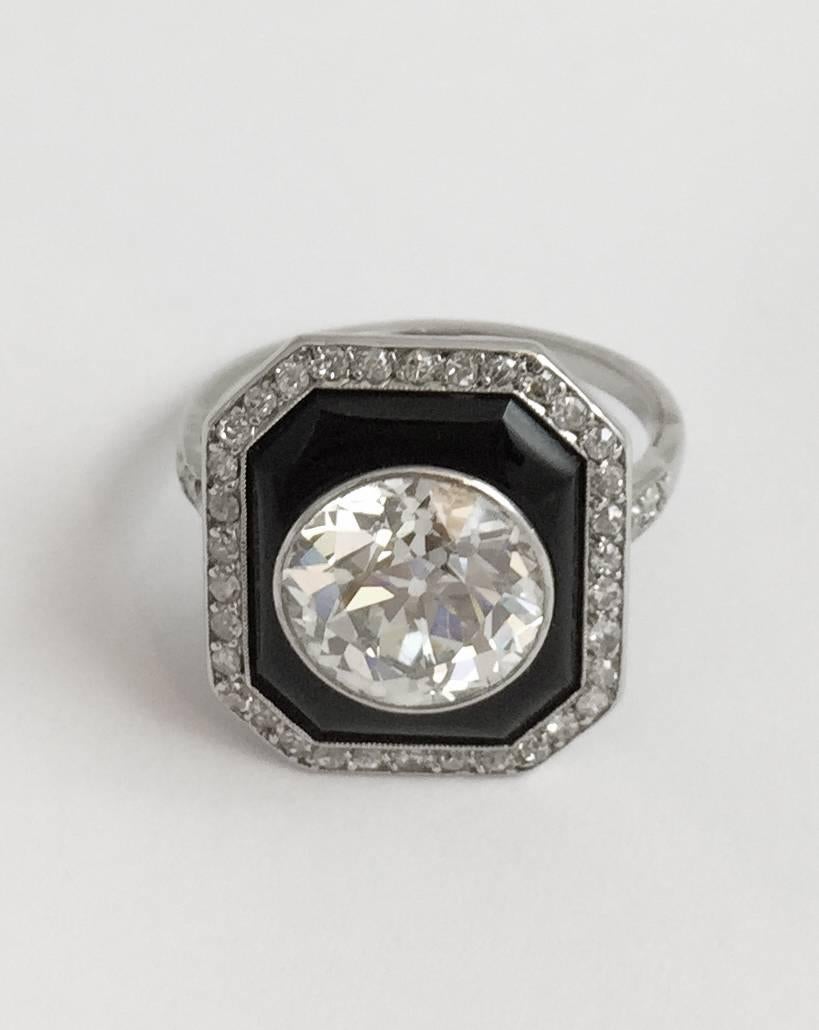 Women's Art Deco 4 Carat Round Diamond Onyx Platinum Ring