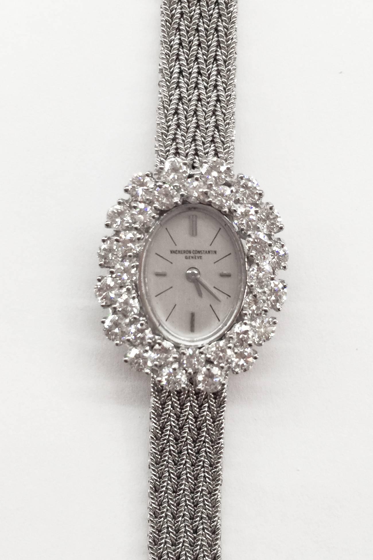 An exclusive white gold Vacheron Constantin tiny watch. 
White oval dial surrounding by two rows of diamonds. 
Manual Duoplan winding Movement. 
Diamonds weight : about 3 carats.
Weight : 43,3 grams.
Length : 175 mm.
Dial width : 10 mm.
Circa
