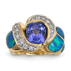 18K Yellow Gold Ring with Australian Opals Tanzanite and Diamonds. (Size 6.00)