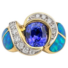 18K Yellow Gold Ring with Australian Opals Tanzanite and Diamonds. (Size 6.00)