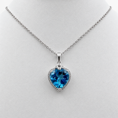 14k White Gold Heart Pendant with Blue Topaz and 16" Necklace.