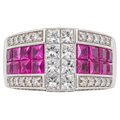 14K White Gold Ring with Princess Cut Rubies and Diamonds. (Size 7.75)