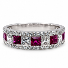 18K White Gold Band with 5 Princess Cut Rubies and Diamonds. (Size 6.00)