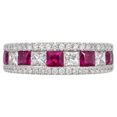 18K White Gold Band with 5 Princess Cut Rubies and Diamonds. (Size 6.00)