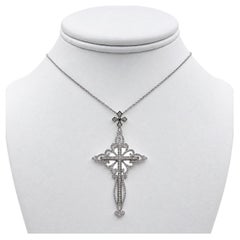 18k White Gold Cross Pendant with Diamonds and 15" Necklace.
