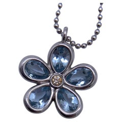 Tiffany Co 18K White Gold Aquamarine Diamond Garden Flower Pendant Necklace