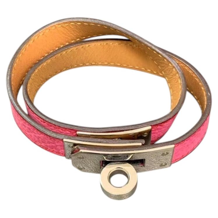 Hermes Mini Kelly Double Tour Bracelet Pink Leather Silver Lock Wrap Bangle For Sale