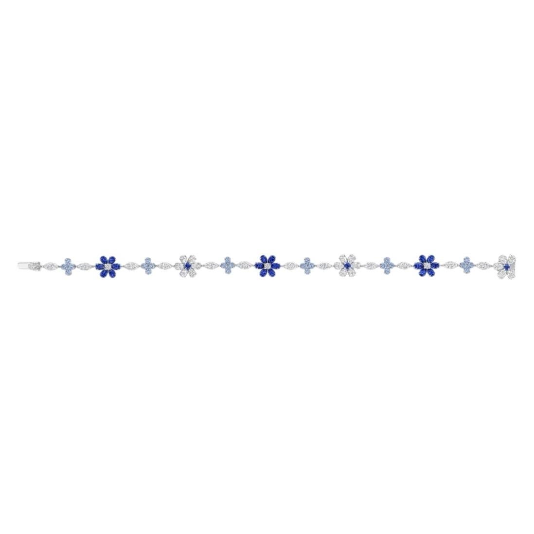 Pre-owned Harry Winston Forget-me-not Sapphire Diamond Platinum Flower Bracelet In Blue