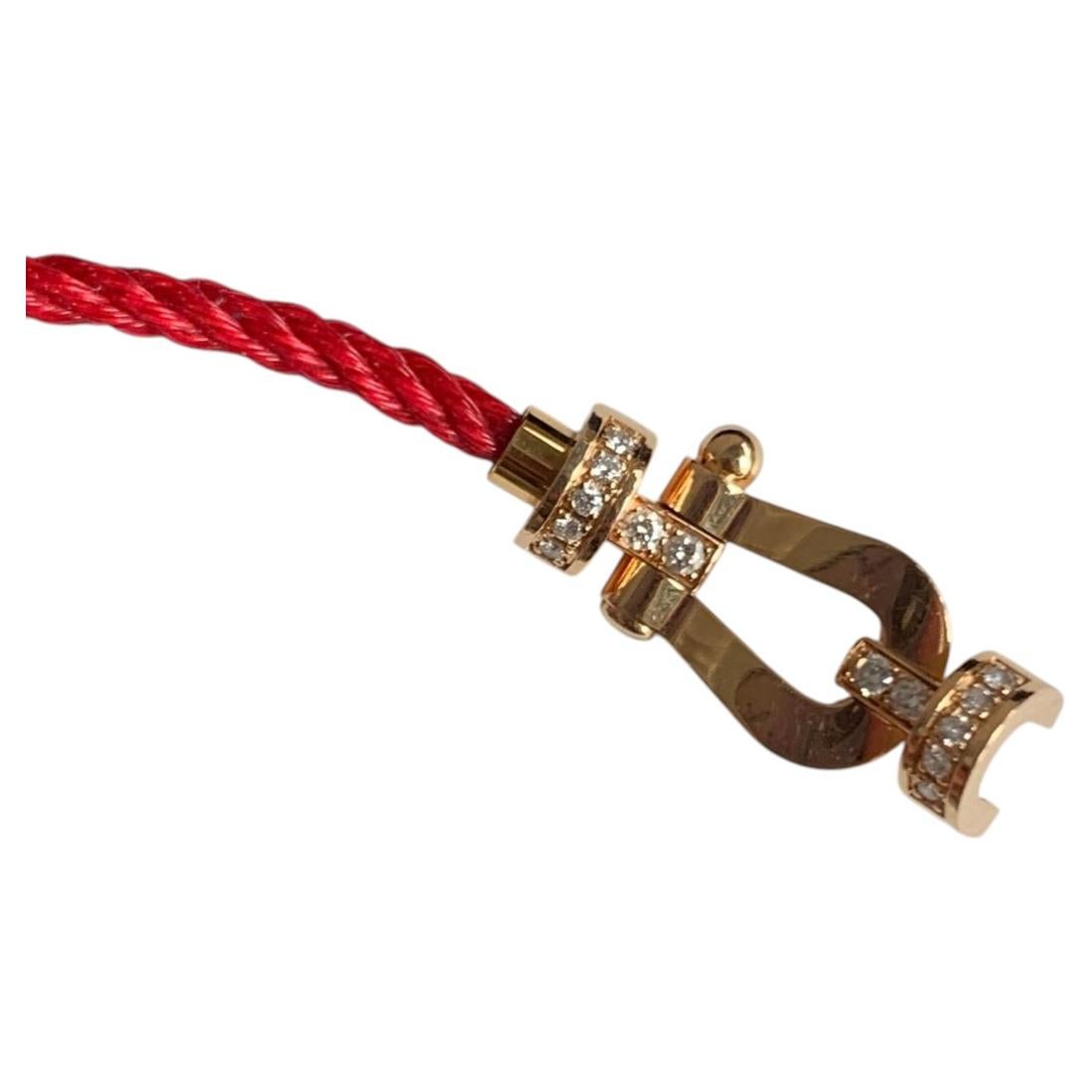 Pre-owned Fred Force 10 Bracelet 18k Rose Gold Diamond Shackle Buckle Red Cable Size 16