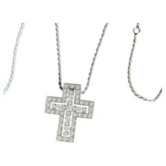 Damiani Belle Epoque Diamond Cross Pendant Necklace 18K White Gold L Size