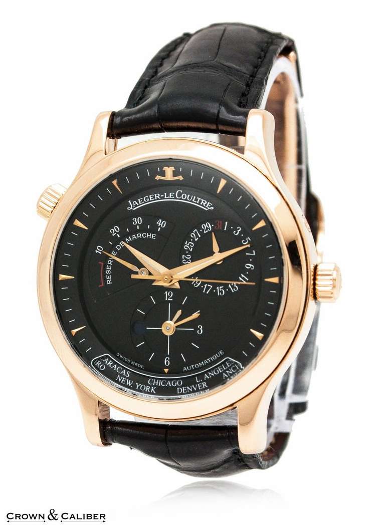 Brand: Jaeger-LeCoultre
Series: Master Control Geographic
Reference: 142.2.92
Crystal: Sapphire
Features: Hours, Minutes, Seconds, Date, Power Reserve Display, World Time Zone
Dial: Black 
Case: 18k Rose Gold
Case Measurement: 38
