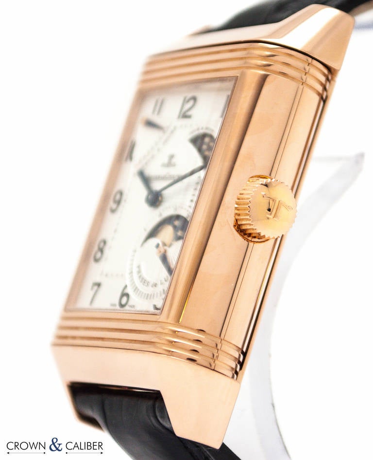 Jaeger-LeCoultre 18k Rose Gold Reverso Grande Sun Moon Wristwatch with Box and Papers, Ref. 240.2.27

Brand: Jaeger-LeCoultre
Case: 18K Rose Gold
Series: Reverso Grande Sun Moon 
Case Measurement: 29 mm x 46 mm (Including Lugs)
Movement: