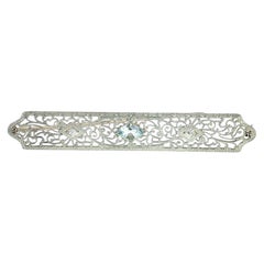 Art Deco 14K White Gold Aquamarine and Diamond Filigree Bar Brooch