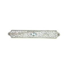 Art Deco 14K White Gold Aquamarine and Diamond Filigree Bar Brooch