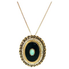 Broche convertible de style victorien en or jaune 14 carats, avec onyx, opale et perles de graine – Penda