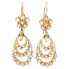 Vintage 13K Yellow Gold Pearl Chandelier Earrings, 3-Tier Drop