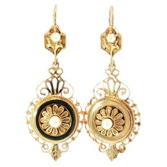Vintage 13K Gold Filigree Medallion Drop Earrings with Pearl Accents