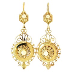Vintage 13K Gold Filigree Medallion Drop Earrings with Pearl Accents